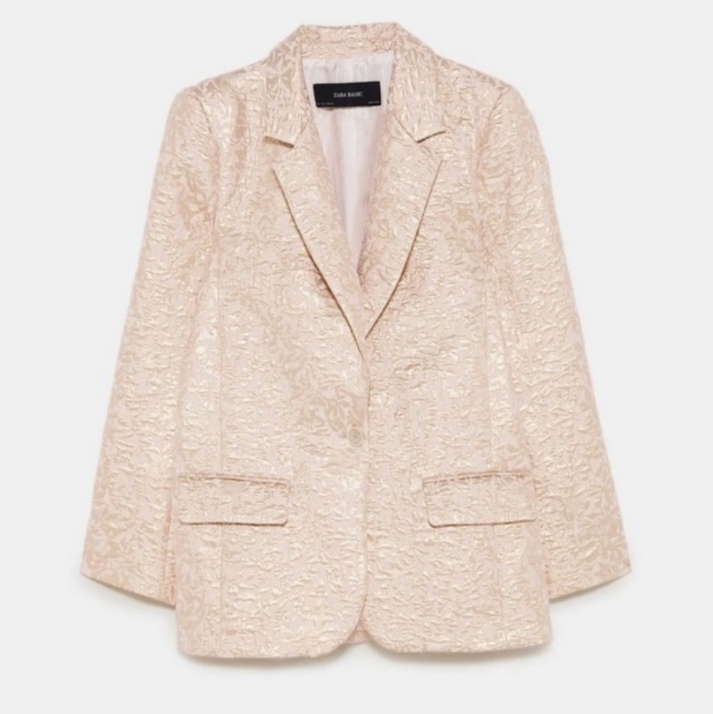 Zara Metallic Champagne Gold and Blush Pink Floral Jacquard Embossed Blazer XS